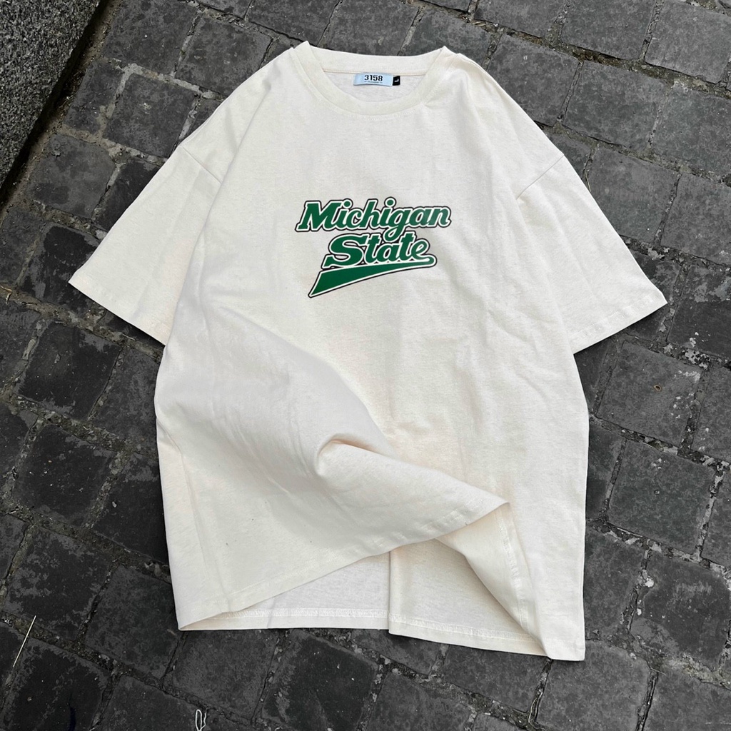 Áo thun tay lỡ nam nữ MEANSTORE phông in hình cotton mềm mịn form rộng màu be Ulzzang - Michigan State