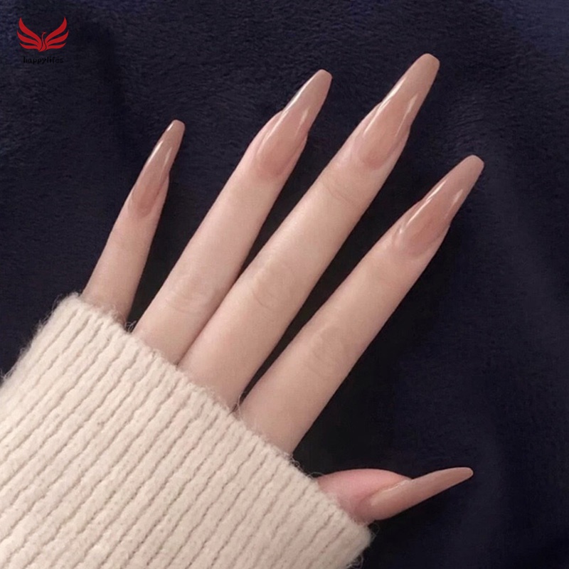 Set 24 móng tay giả siêu dài màu nude xám hồng kèm keo dán có thể tháo rời trang trí móng thời trang