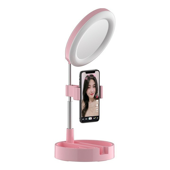 Gương trang điểm gấp gọn có đèn Led Livestream tích hợp giá đỡ và kẹp điện thoại T2