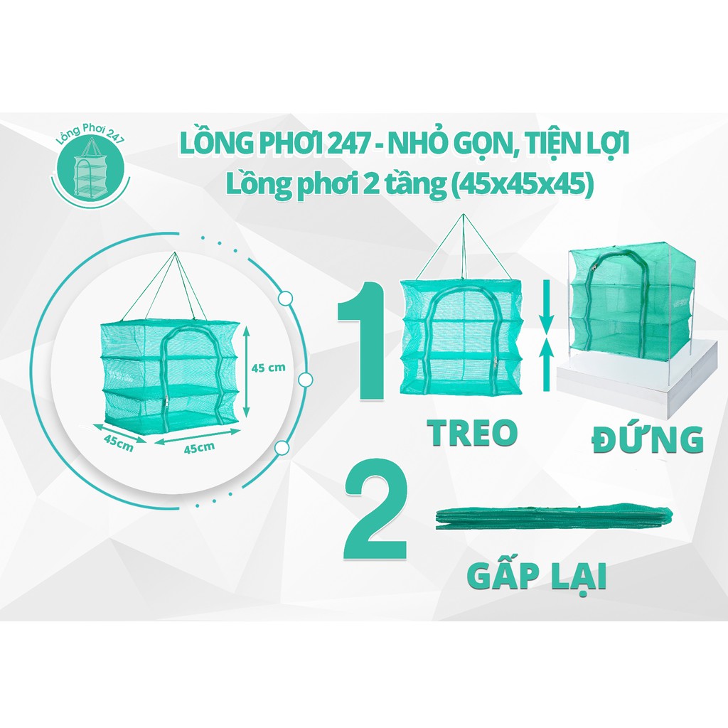 45x45x45cm Lồng lưới treo 3 tầng để phơi cá khô có thể xếp gọn - hàng Việt Nam chất lượng cao