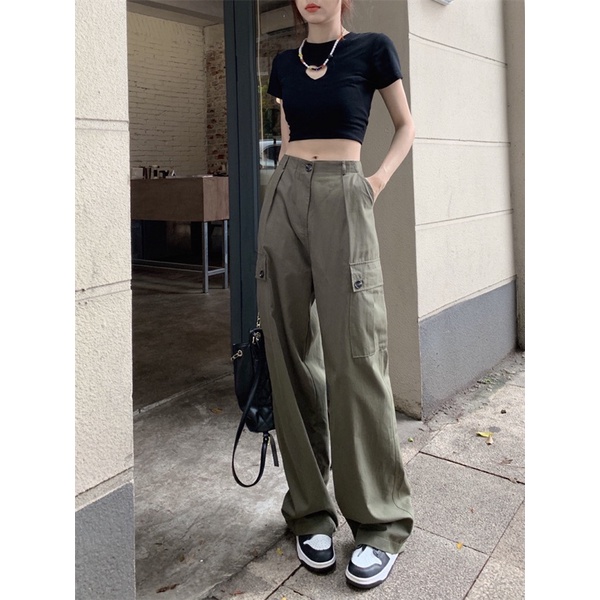Quần nữ ống rộng cạp cao phối túi hack eo phong cách cá tính camo hot trend ulzzang