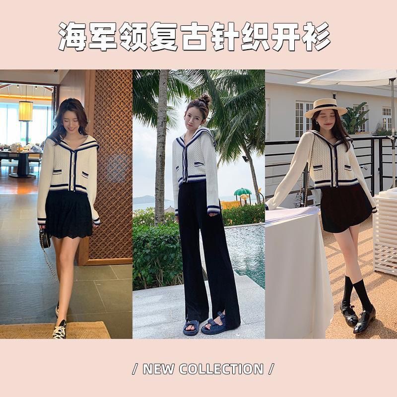 2022 New Spring and Autumn style Xiaoxiang style cardigan female knitted cardigan female navy lead short style college style sweater coat female