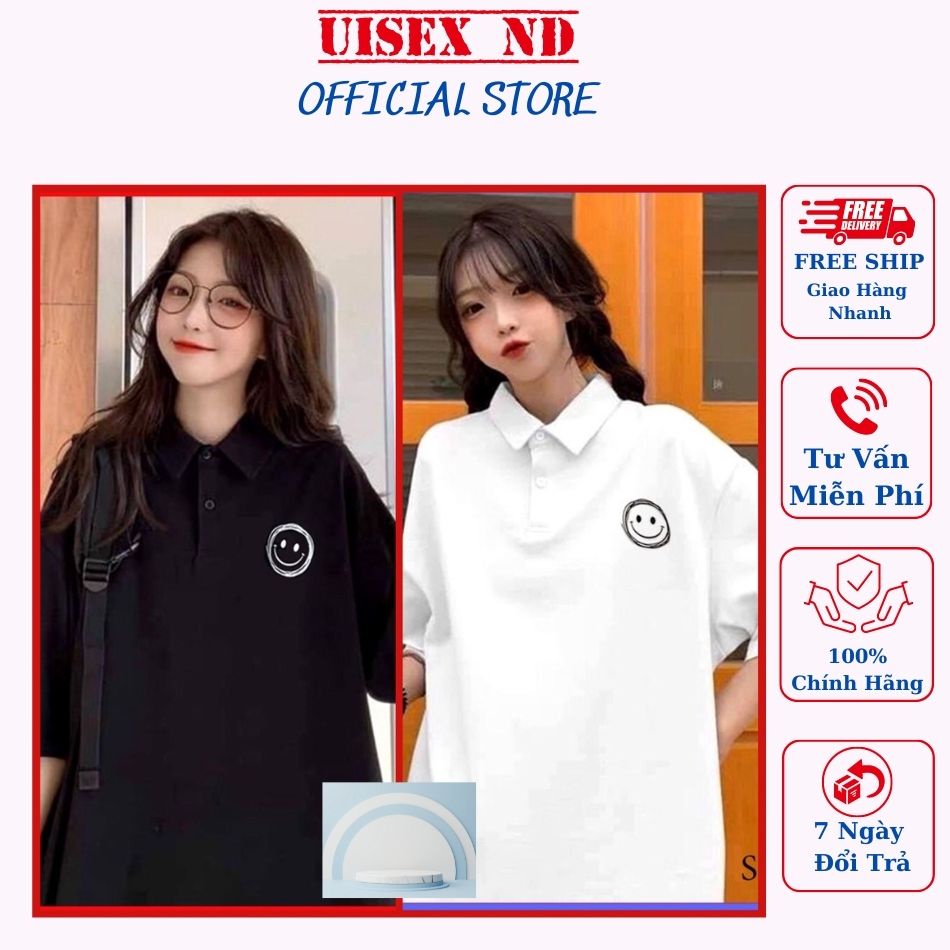 Áo Polo form rộng nam nữ in hình mặt cười, kiểu dáng unisex oversize, phong cách thời thượng, chất cotton cao cấp