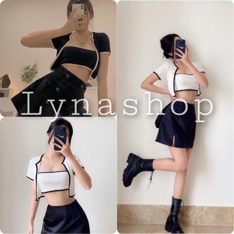 Set áo croptop, và áo khoác ngoài chất thun bo mềm mịn cực thời trang, set áo trắng chạy viền đen cực xinh