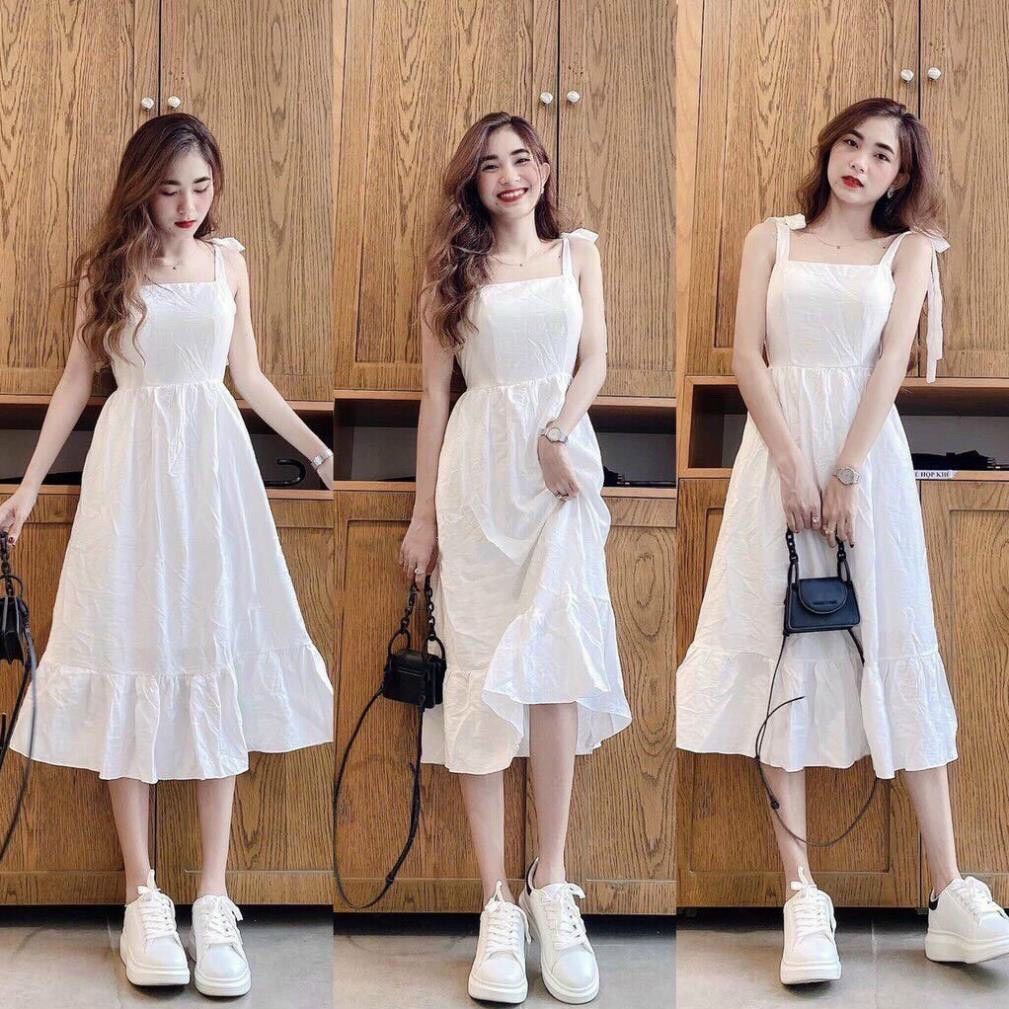Đầm 2 Dây Thắt Nơ Vai Màu Trắng Bánh Bèo, Maxi Đi Biển Dạo Phố Sang Chảnh Form Chuẩn, ĐẦM TRẮNG 2 DÂY ĐUÔI CÁ