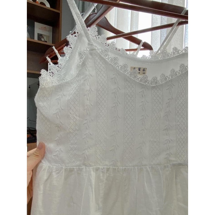 Váy hai dây trắng viền ren tiểu thư - Váy maxi viền ren