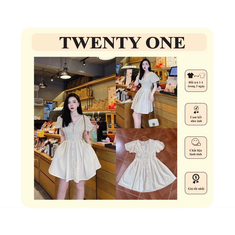 Váy Trắng Tay Bồng Khuy Nấm / Đầm Trắng Cổ V Tay Bồng - TWENTY ONE