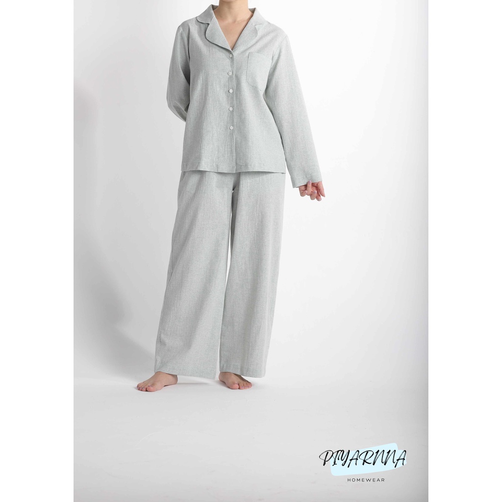 Bộ ngủ Pyjama thu đông dài tay 25% Linen 75% Cotton nhuộm sợi kẻ xanh rêu mềm, nhẹ, xốp, thoáng, giặt máy/sấy
