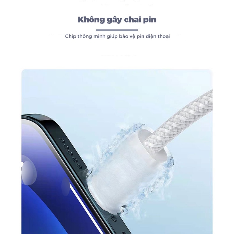 Dây Sạc Nhanh Bọc Dù 20w, Cáp Sạc Nhanh Siêu Bền Bảo Hành 12 Tháng