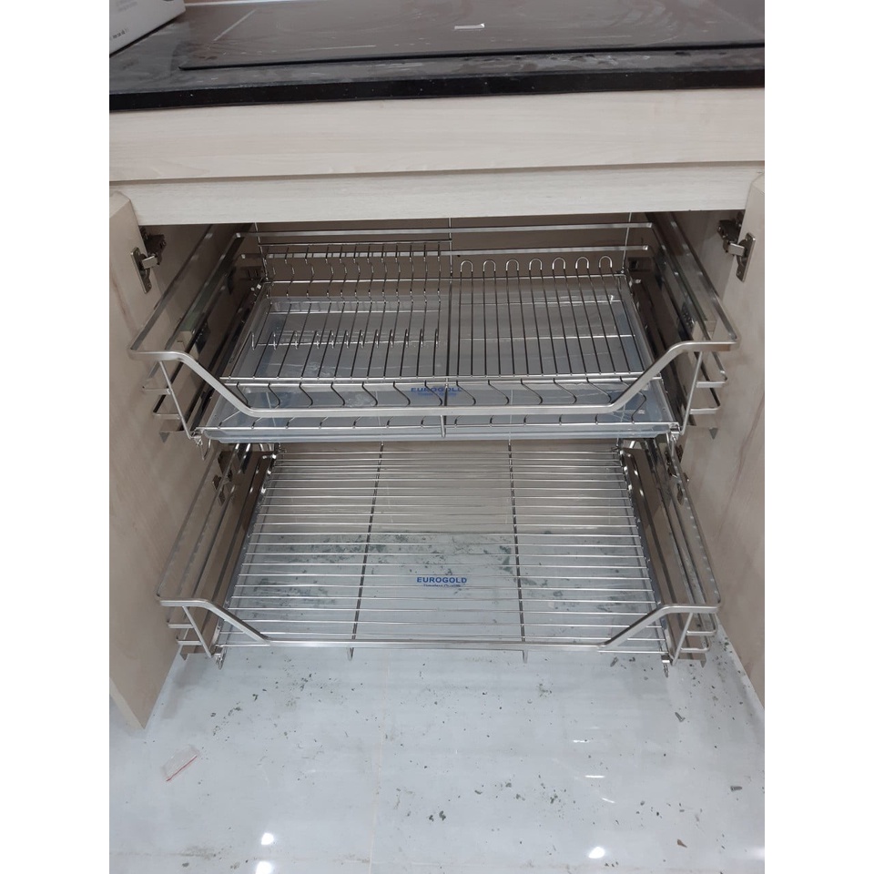 Kệ đựng xoong nồi nan dẹt inox 304, ray giảm chấn