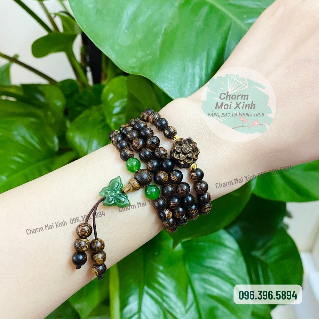 Chuỗi Trầm Hương Sánh Chìm 108 hạt phối Hoa Sen Trầm và Hồ Điệp Ngo.c Bích - Vòng Tay Hoa Gỗ tự nhiên Nam Nữ phong thuỷ