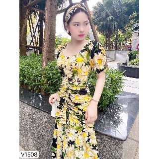 [ HÀNG BIG SIZE] Váy hoa đuôi cá cổ vuông V1508 (Kèm ảnh thật trải sàn do shop tự chụp)