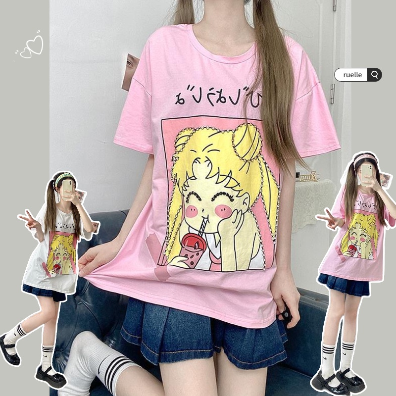 Sailor Moon Áo Thun Ngắn Tay In Hình Thủy Thủ Mặt Trăng Xinh Xắn Cho Nữ