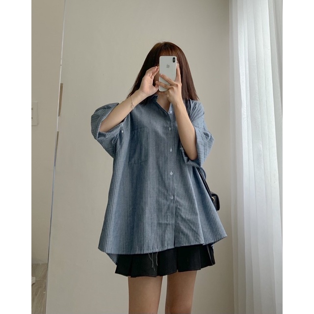 Áo sơ mi nữ kiểu tay lỡ, Áo sơ mi kẻ sọc form rộng ulzzang phong cách Hàn Quốc hottrend
