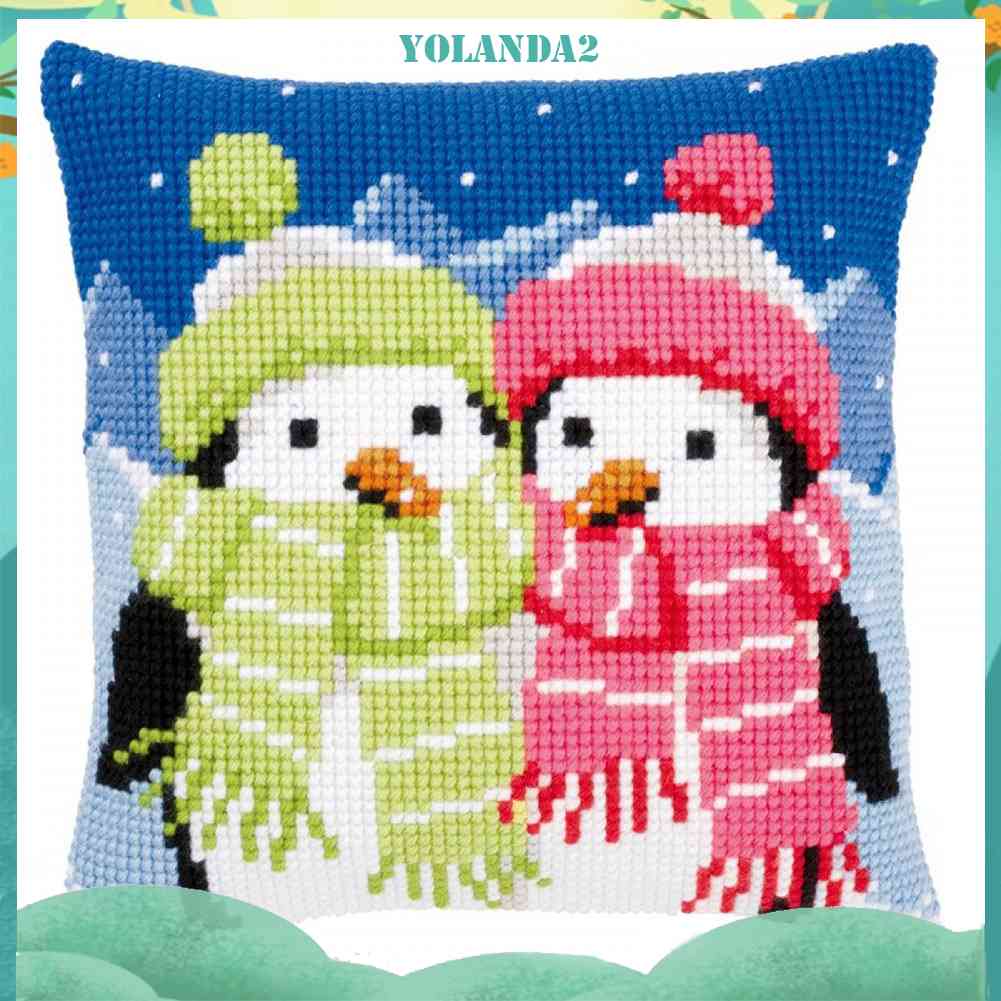Vỏ Gối Thêu Chữ Thập DIY 11CT Hình Chim Cánh Cụt Xinh Xắn