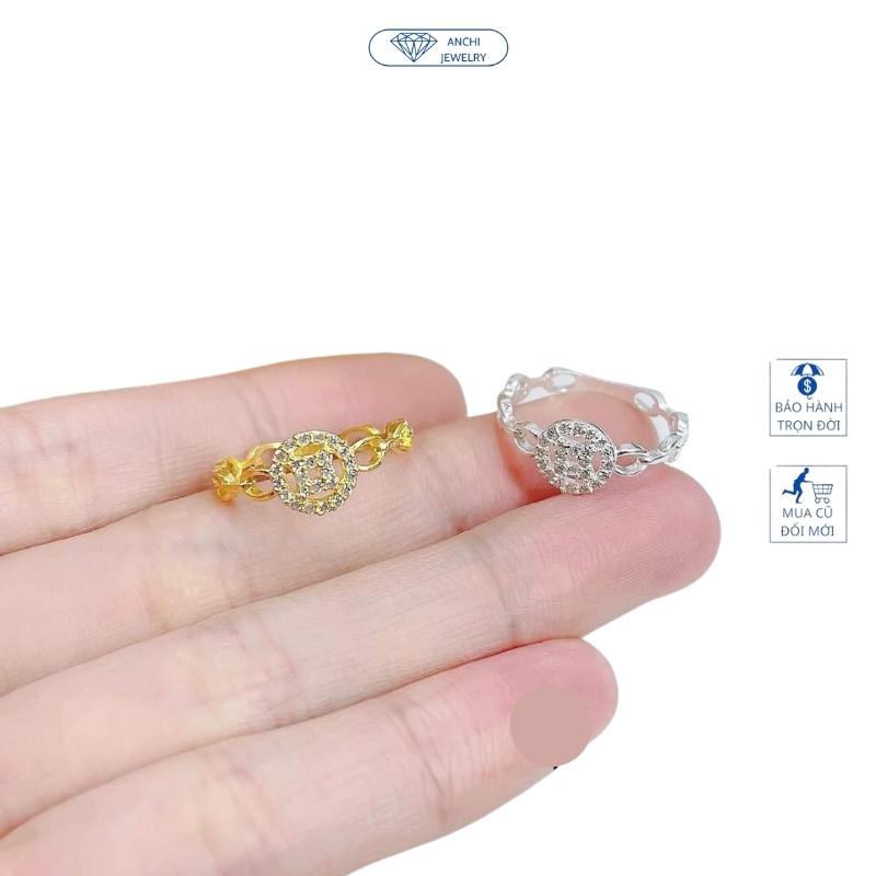 Nhẫn kim tiền chữ vạn đính đá, chuẩn bạc mạ vàng - Anchi jewelry