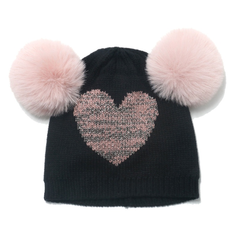 Mũ Len Beanie Dệt Kim Đính 2 Quả Bông Bảo Vệ Tai Thời Trang Thu Đông Cho Bé