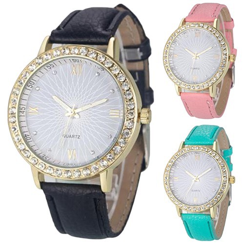 Đồng hồ số La Mã dây giả da đính đá lắp lánh cho nữ