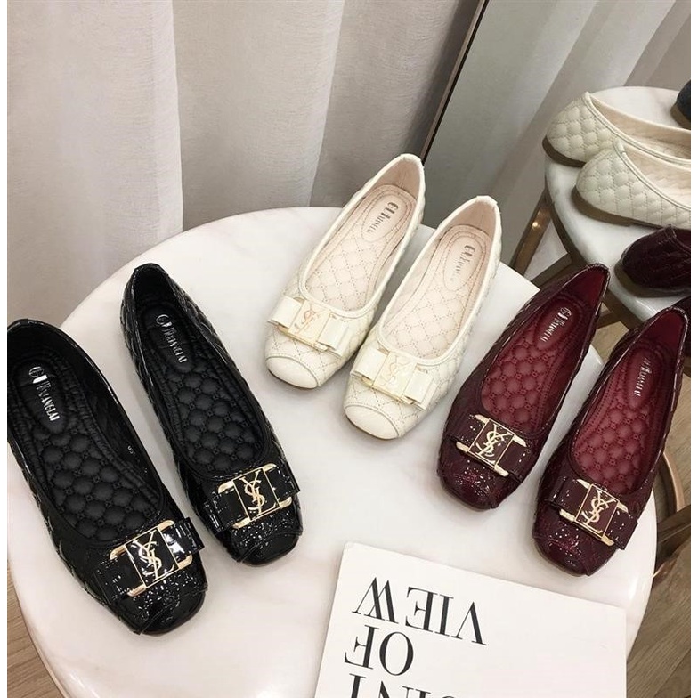 Giày búp bê da bóng mũi vuông thời trang thanh lịch 2021