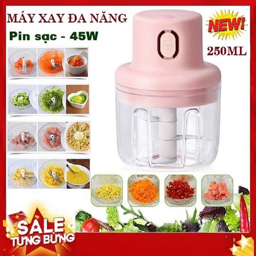 [𝒇𝒓𝒆𝒆𝒔𝒉𝒊𝒑] Máy xay gia vị hành tỏi ớt mini, say sinh tố bằng điện sạc pin bằng tay 250ML - 45W - 3 lưỡi dao rất an toàn