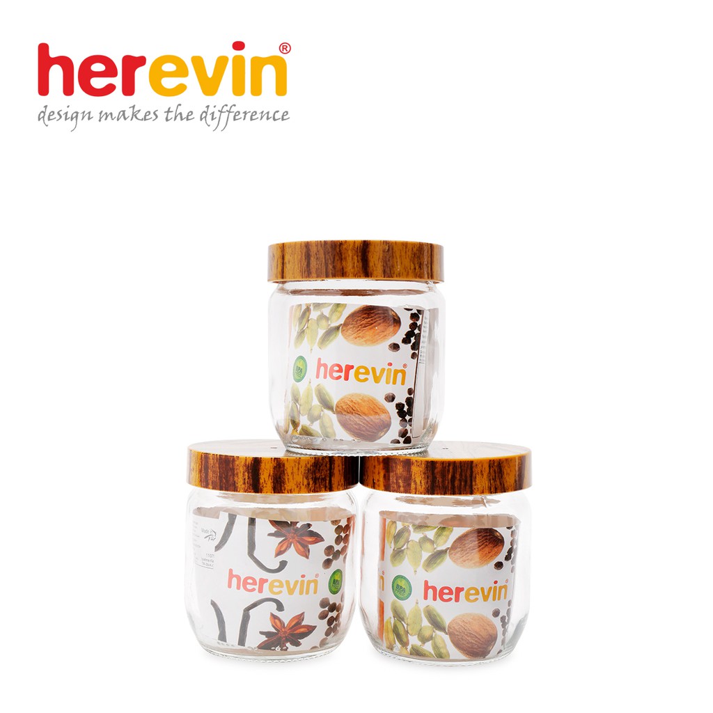 Bộ 3 Hũ Thủy Tinh Tròn Trơn Nắp Woody Herevin 425ml - HEHU231357-205