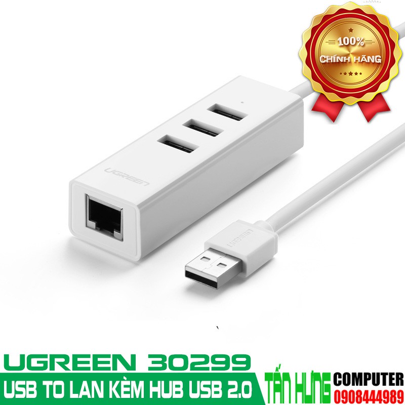 Bộ chia USB 2.0 ra 3 cổng USB+Lan100Mbps Cao Cấp Ugreen 30299 màu trắng