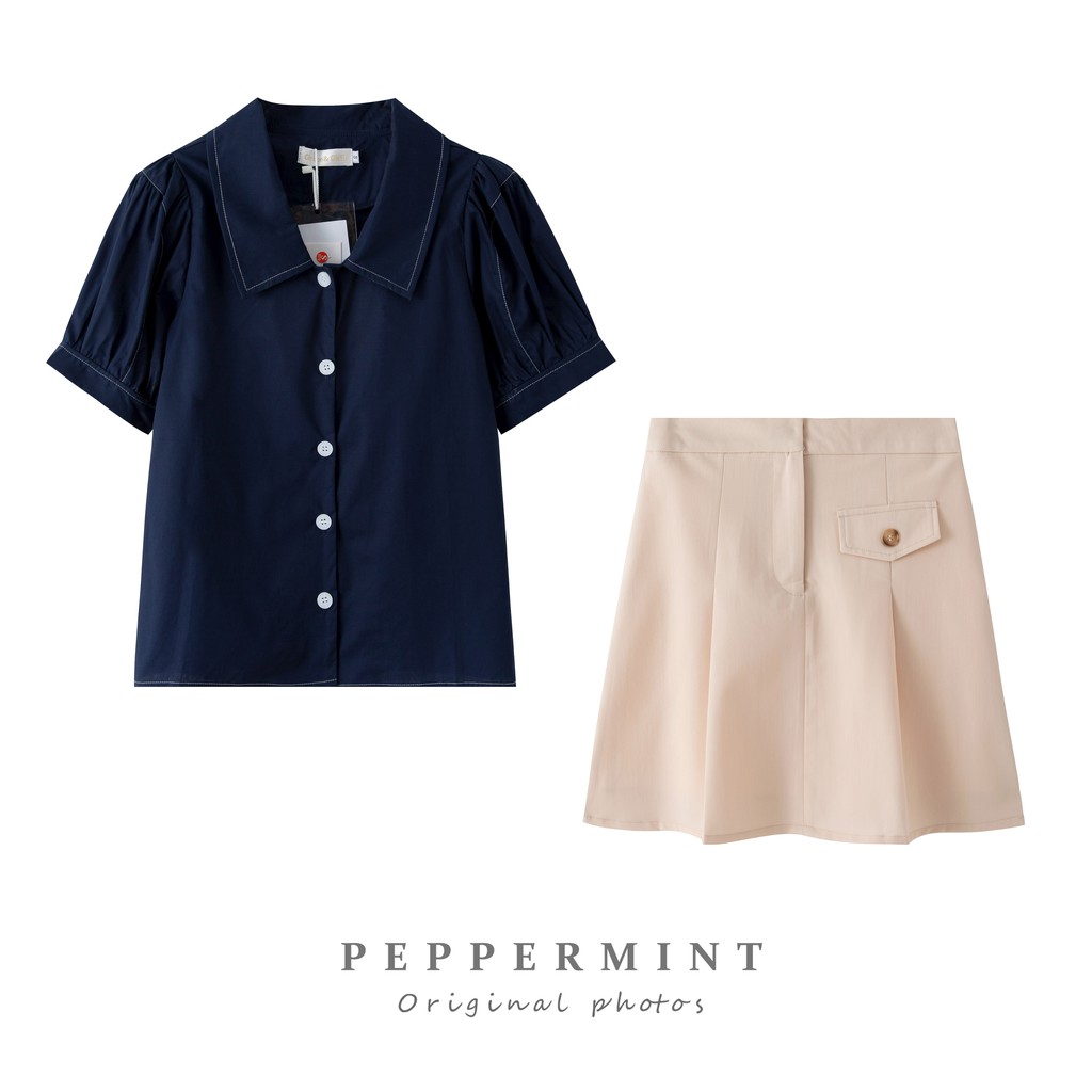 Set 35685 có thể tách rời gồm áo sơ mi và chân váy lưng cao phối túi phong cách Hàn Quốc