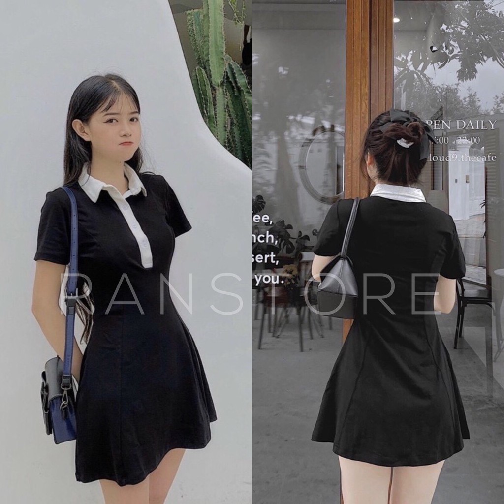 Váy body cổ polo đóng cúc cộc tay dáng ngắn ulzzang/ Váy nữ dáng suông thời trang hàn quốc_ranstore