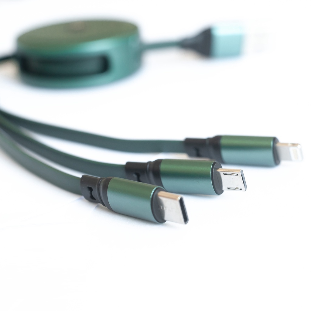 Cáp Sạc 2.4A Dây Cao Su đầu vào USB, Cuộn Tròn đầu ra 3 Đầu Lighting, Micro, Type C