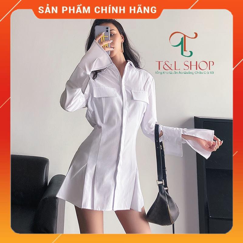 Đầm sơ mi xoè dài tay nhún nhẹ eo công sở thanh lịch msp87121