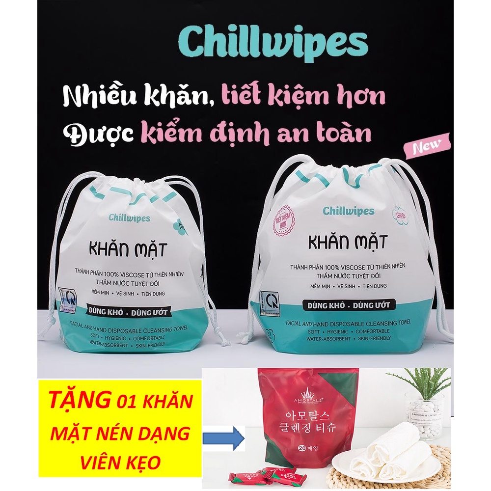 Khăn mặt khô Chillwipes dùng 1 lần lau khô, lau ướt+ TẶNG kèm khăn mặt nén dạng viên kẹo - Giấy lau mặt dùng một lần