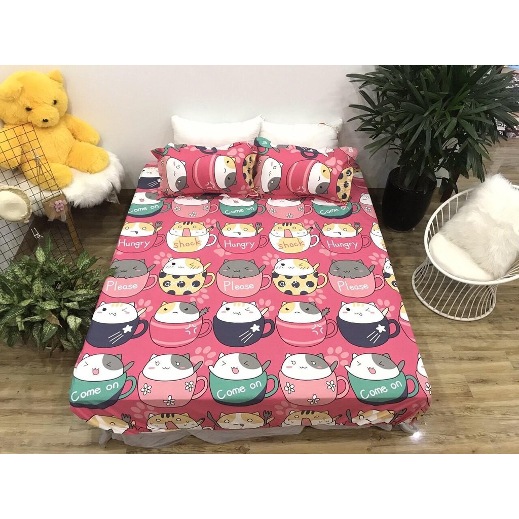 Bộ Ga Gối Cotton Poly Mẫu MÈO CỐC ĐỎ