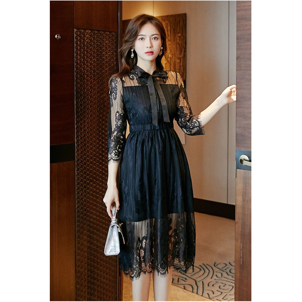 Đầm Ren Dáng Dài, Đầm Dáng Xòe Chữ A Họa Tiết Kèm Nơ Cổ Sang Trọng | BigBuy360 - bigbuy360.vn