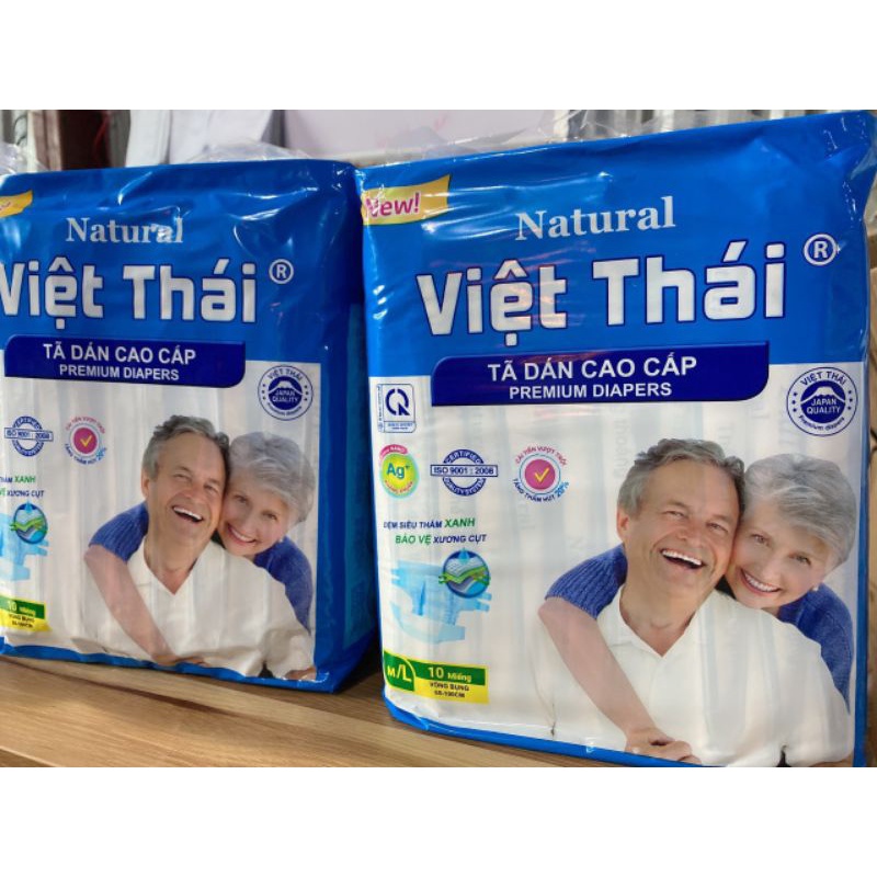 Bỉm dán người già VIỆT THÁI 10 miếng size lớn L/XL từ 55_90kg(140cm)vách chống tràn 2 bên,thấm hút tốtgiúpbềmặtkhôthoáng