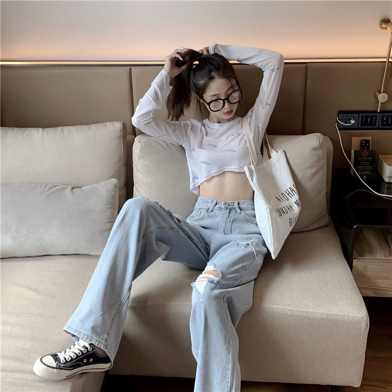 Quần dài jeans lưng cao ống rộng rách gối thời trang dành cho nữ