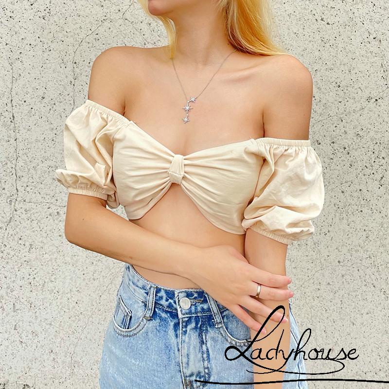 Áo Croptop Trễ Vai Tay Phồng Màu Trơn Thời Trang Mùa Hè Cho Nữ