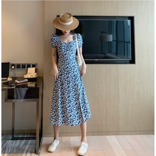 Đầm hoa nhí xanh dáng dài xẻ tà thiết kế cổ vuông  tay bồng tiểu thư siêu xinh phong cách  cô nàng trẻ trung hiện đại