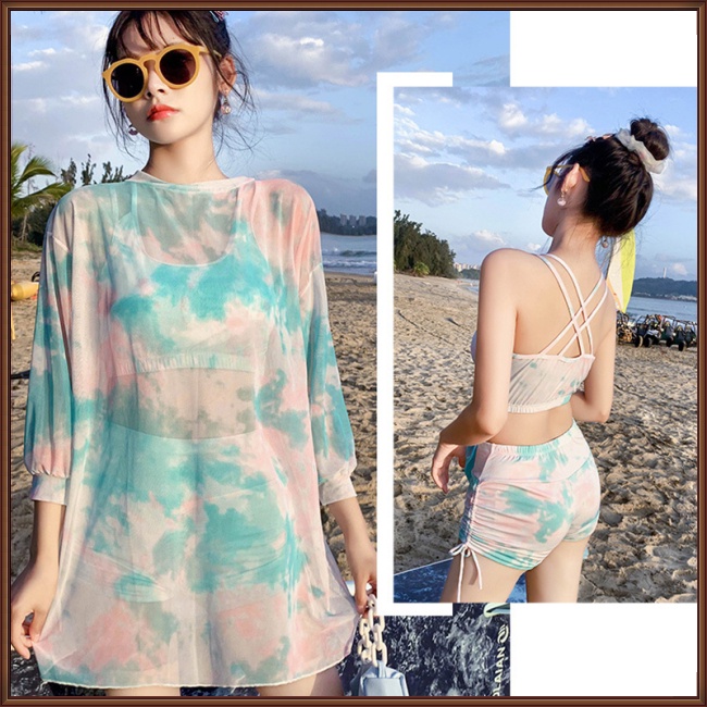 Bộ Đồ Bơi 3 Món Áo Chống Nắng Phối Quần Short Thời Trang Xinh Xắn Cho Nữ