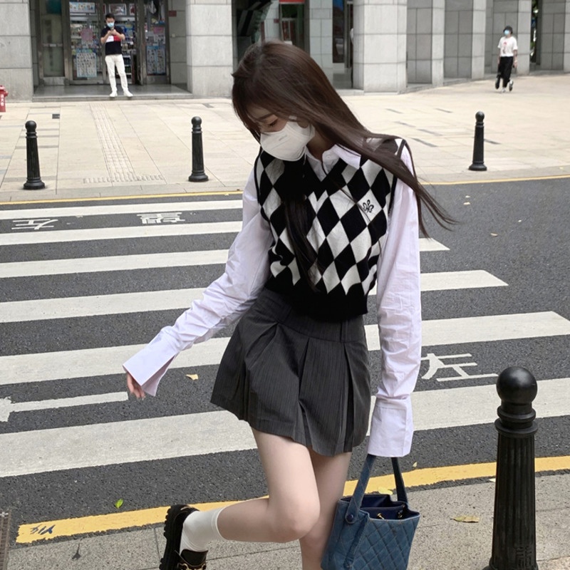 V-neck check vest female Korean version was thin short sleeveless versatile pullover vest | BigBuy360 - bigbuy360.vn