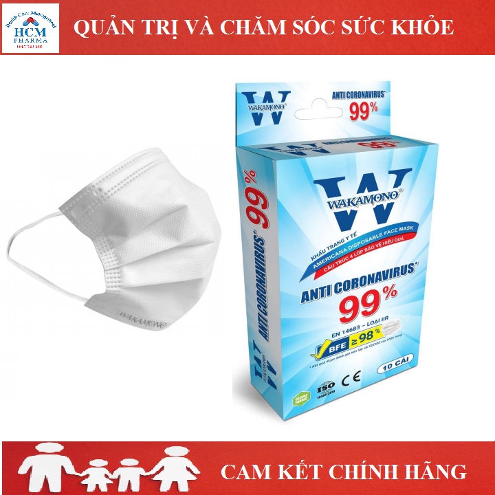 Khẩu trang Wakamono Việt Nam chính hãng trẻ em và người lớn 4 lớp màu trắng kháng khuẩn cao cấp hộp 10 cái HCM03