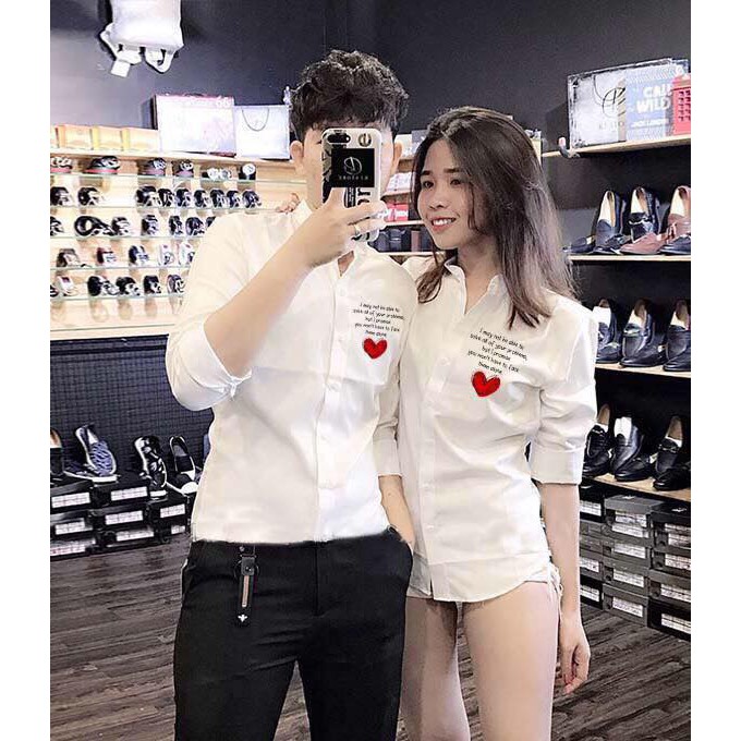 ÁO SƠ MI NAM NỮ THÊU TIM TRÊN NGỰC CUỐN HÚT TÌNH NHÂN NỒNG CHÁY