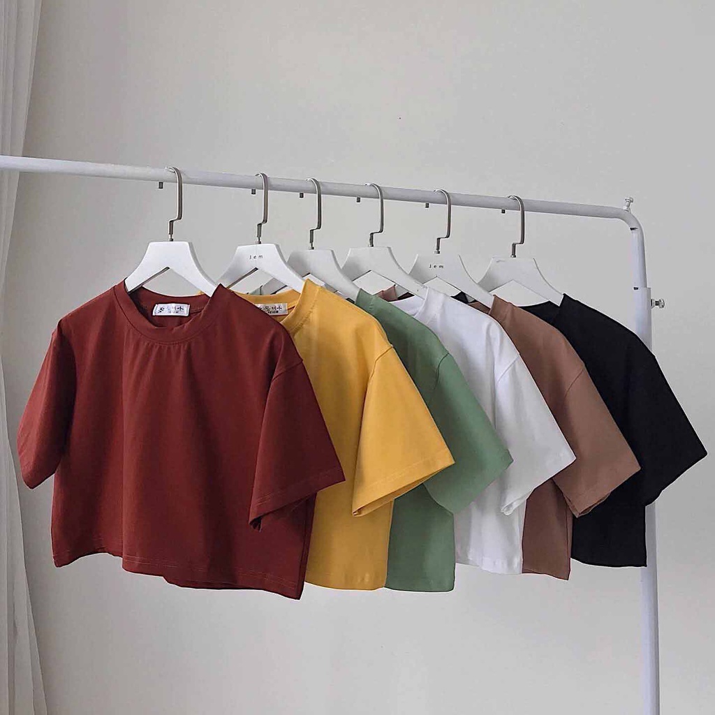 Áo Thun Croptop Nữ Tay Ngắn Form Rộng Áo Phông Nữ Dáng Ngắn Trơn Basic Cổ Tròn Màu Xanh Nâu Trắng Đen Vàng ABI 10084