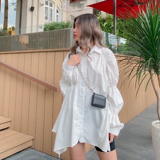 Váy sơ mi nữ form rộng nhún màu trắng