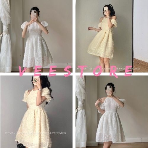 Đầm dự tiệc cổ yếm chất lông vũ mềm / Váy xòe nữ bigsize 2 màu sang chảnh phong cách ulzzang_veestore