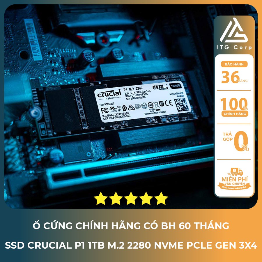 Ổ cứng SSD Crucial P1 1TB NVMe M.2 2280 PCIe Gen 3x4 Nhập khẩu