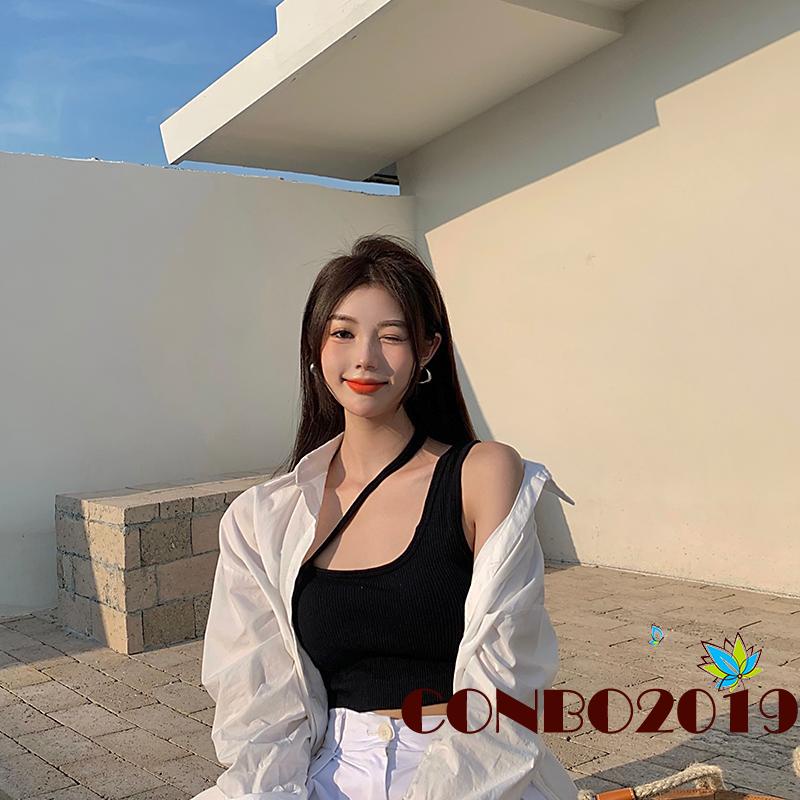 Áo croptop không tay hở vai dáng ôm màu trơn gợi cảm thời trang cho nữ