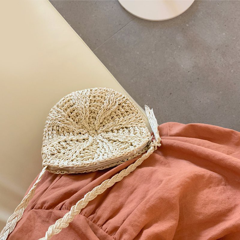 [NowShip - Giao Ngay] Túi Cói Boho Vintage Đeo Vai, Đeo Chéo Hình Tròn Dây Da Màu Nâu Be Trơn