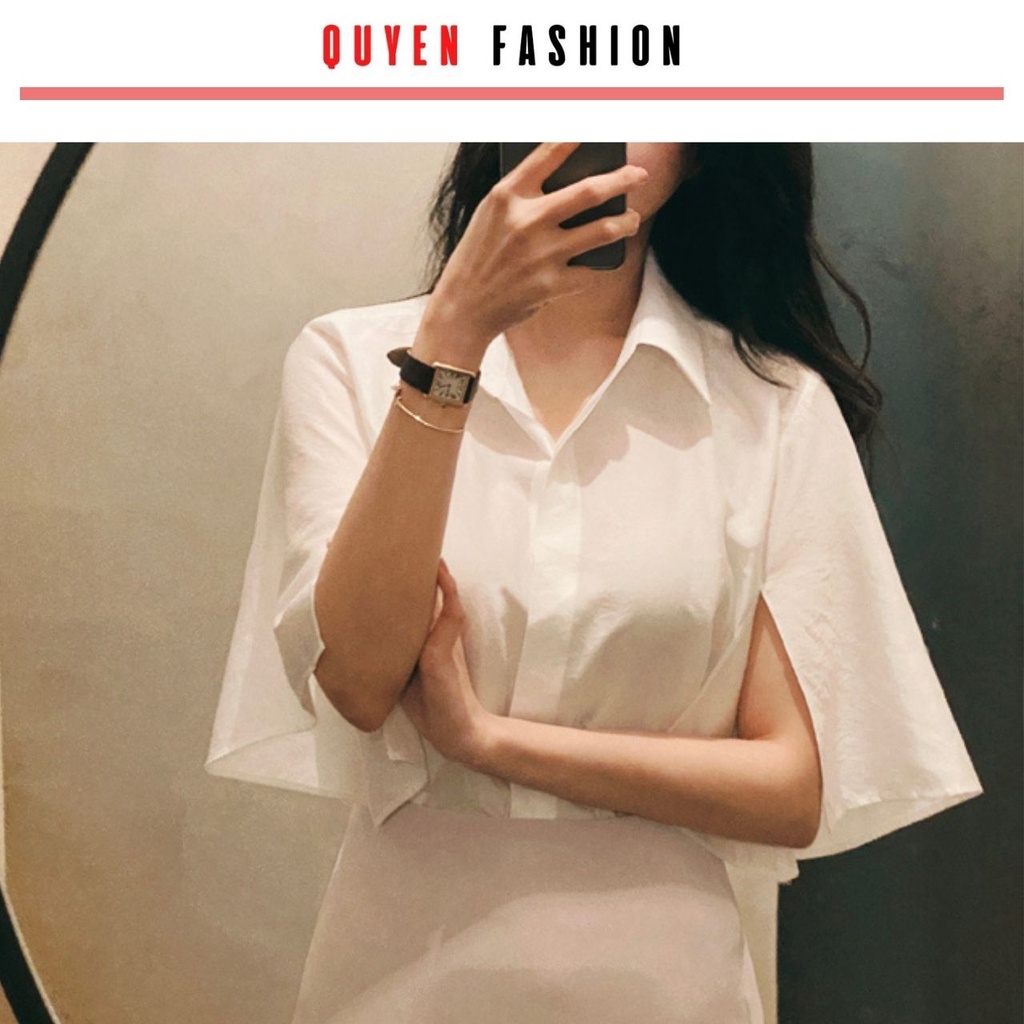 Sơ mi nữ tay ngắn, cổ đức tay xẻ trẻ trung, áo thời trang công sở Quyên Fashion AA560