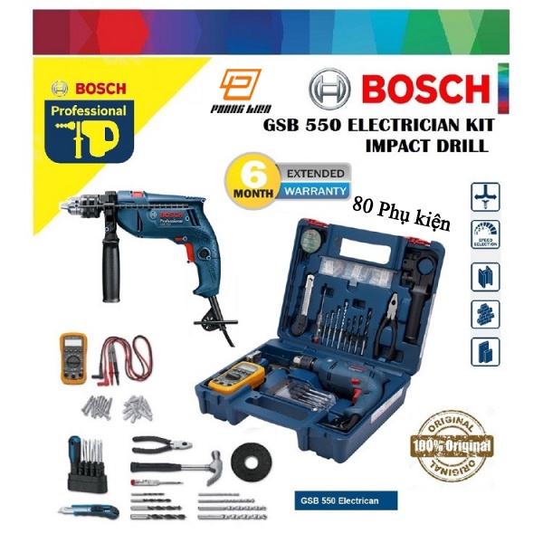 Máy Khoan Động Lực Bosch GSB550 SET 100 Chi Tiết  - Khoan Sắt/Gỗ/Tường - Hàng Chính Hãng