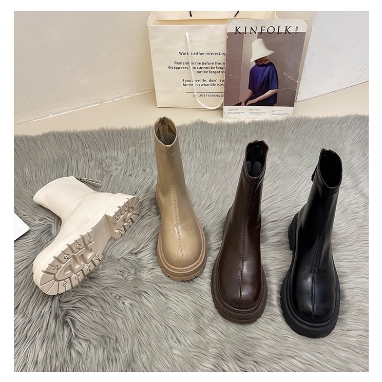 Boots nữ cổ ngắn da mềm ôm chân đế dày cao 4cm có khoá kéo